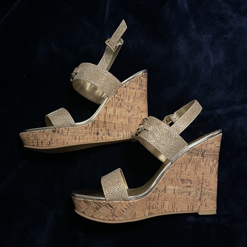 GBG Los Angeles gold & cork wedges